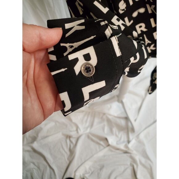 Karl Lagerfeld Paris Black&White Button Up Logo Shirt Large Monochrome Tie Front - Picture 6 of 16
